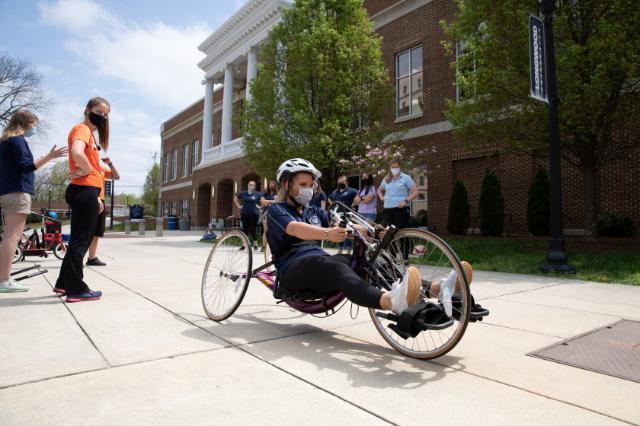 A student trials a handcycle.