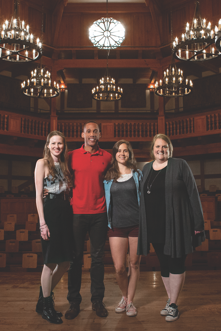 Being a part of bringing Shakespeare to modern audiences is a dream come true for Hope Maddox ’15 (left), costume shop manager; Brandon Carter ’10, actor; Adrienne Johnson Butler ’13, resident assistant stage manager; and Tracie Steger Skipper ’96, technical director/operations manager.