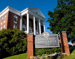Longwood University building and welcome sign