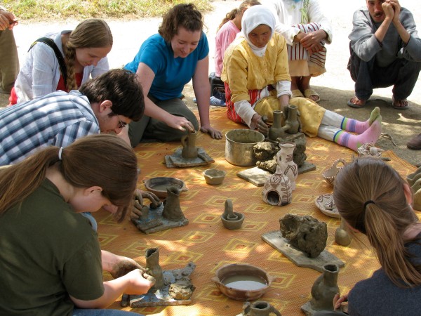 Students learning to make pottery in Morocco