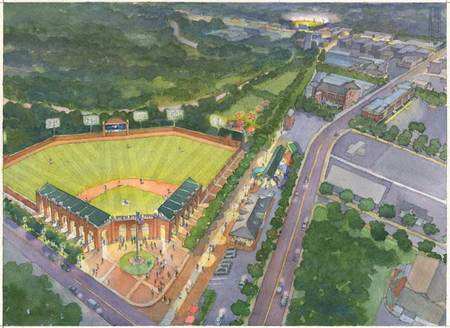 The plan envisions a baseball stadium downtown between Third Street and the Appomattox River, along the High Bridge Trail, and a smaller softball field nearby.