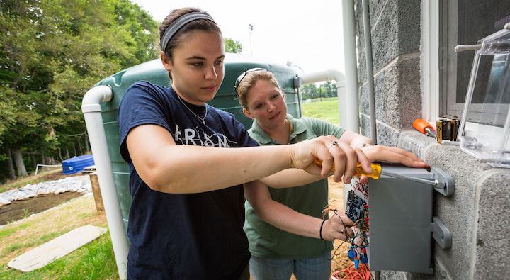 Rachel Lombardi ’16 and Dr. Kathy DeBusk Gee install a smart system to monitor rainfall and water levels in a massive cistern at Lancer Park.
