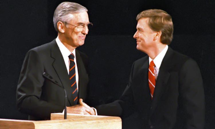 Sen. Lloyd Bentsen and Sen. Dan Quayle after their Vice Presidential Debate on Oct. 5, 1988.