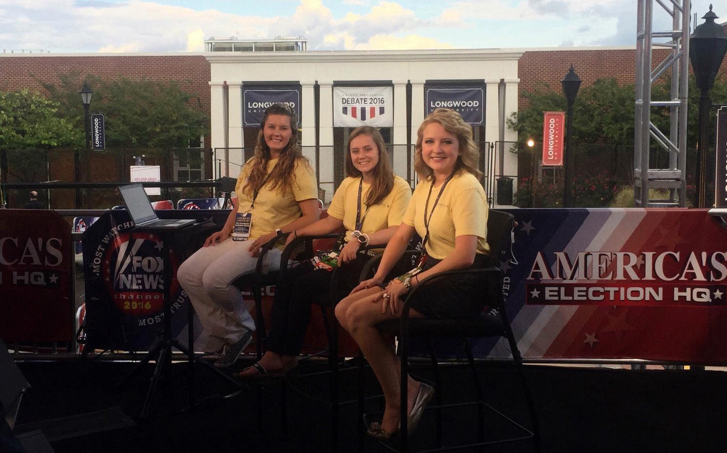 Ryan Carey (left) and Allyson Stone (right) volunteered with Fox News during the 2016 Vice Presidential Debate at Longwood. The pair will work with Fox again during this February’s Super Bowl in Houston.