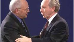 Dick Cheney and Joe Lieberman shake hands at the 2000 VP debate.