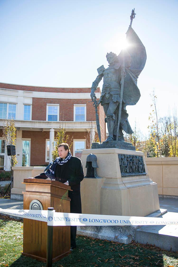 Longwood President W. Taylor Reveley, IV gives remarks during the official dedication of the new Joan of Arc monument
