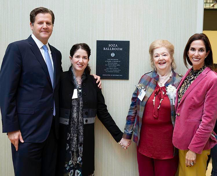 President Reveley stands with Susan E. Soza '62 and her two daughters for the dedication of the Soza Ballroom, the largest event space in the Upchurch University Center.