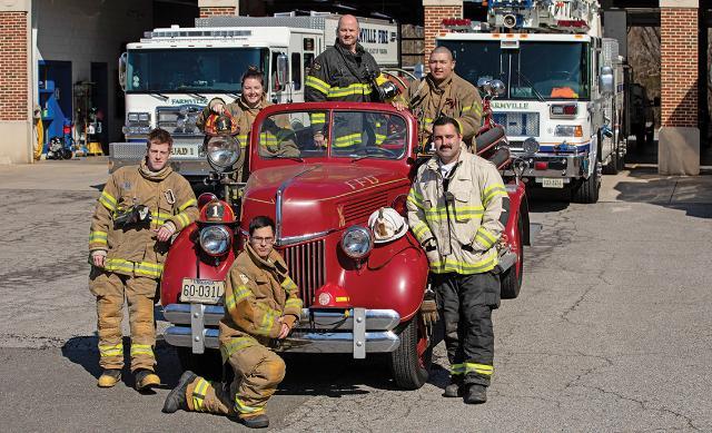 Half of the members of the Farmville Fire Department are current students and alums of Longwood. Among them are (front row, from left) Will Gill ’21, a criminal justice major; Zach Kim ’22, a criminal justice major; Chief Cayden Eagles ’16; (back row, from left) Riley Hayden ’21, a liberal studies major; Darrell Hodges ’07; and Brian Seimetz ’20.