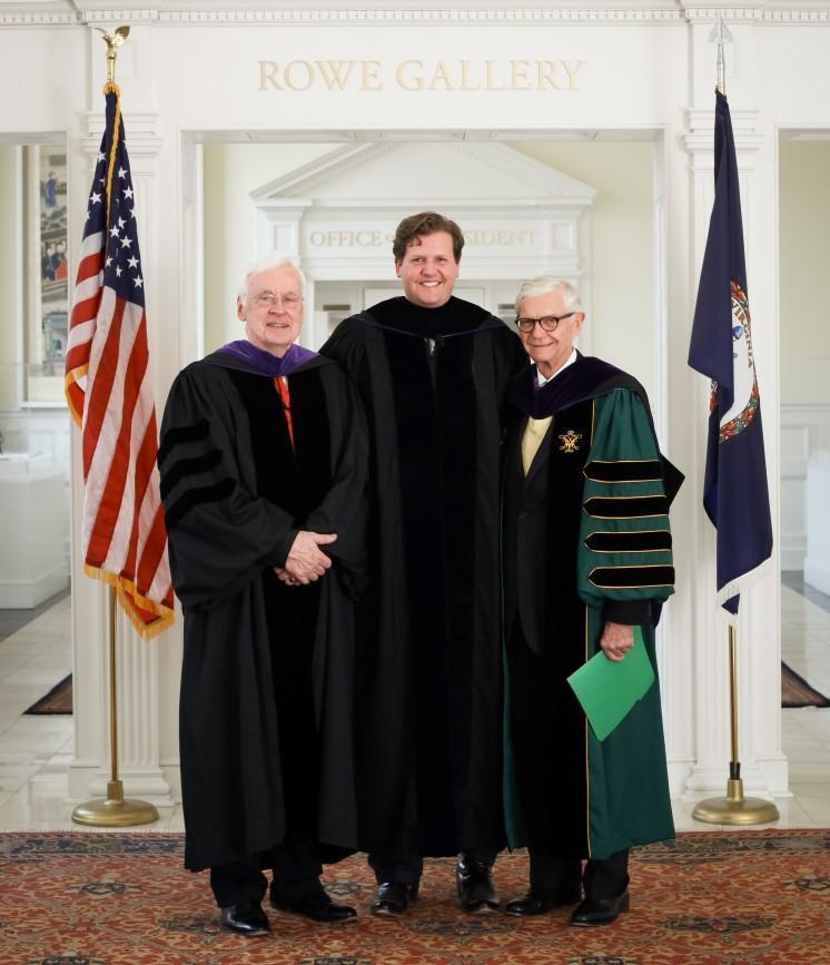 Gov. Gerald Baliles (left) was an honored speaker in 2013 when Pres. W. Taylor Reveley IV (center) was inaugurated as Longwood's 26th president. Baliles was a longtime friend of the Reveley family, including Pres. Reveley's father, W. Taylor Reveley III (right).
