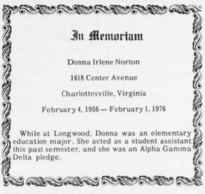 A clip from the Feb. 11, 1976, issue of The Rotunda memorializing Donna.