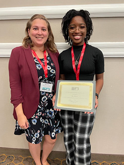 Jazz Wilson '23 was congratulated on her FLAVA award by Dr. Megan DiBartolomeo, assistant professor of Spanish and Foreign Language Pedagogy at Longwood.