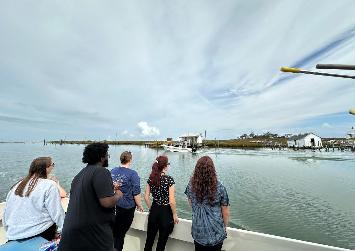 Students get their first look at crab shanties as they arrive at Tangier Island as part of their Citizen 327 fall break field excursion. Home of a 200-year-old crabbing community, the island is facing the prospect of being submerged in the waters of Chesapeake Bay due to sea-level rise/climate change.