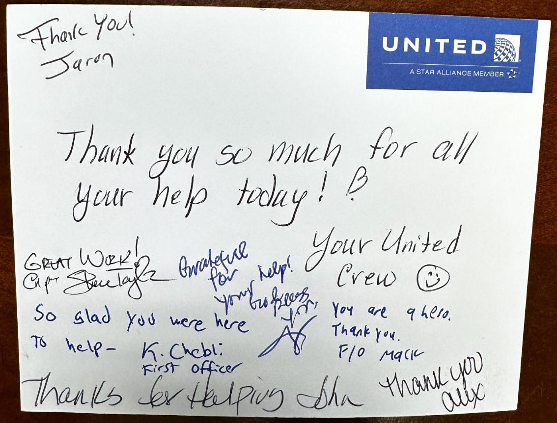 Thank you note from United Airlines personnel